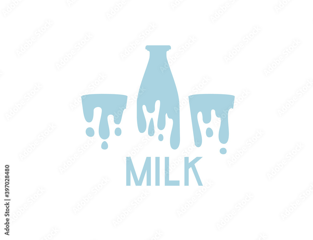 Silhouette bottle and glass of milk and milk text flat vector illustration isolated on white background Silhouette bottle and glass of milk and milk text flat vector illustration isolated on white background