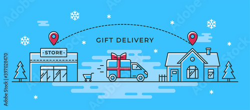 Vector illustration for delivery service of Christmas gifts. Linear icon with a truck carrying New Year's presents. Concept for a flyer or web banner on the site.
