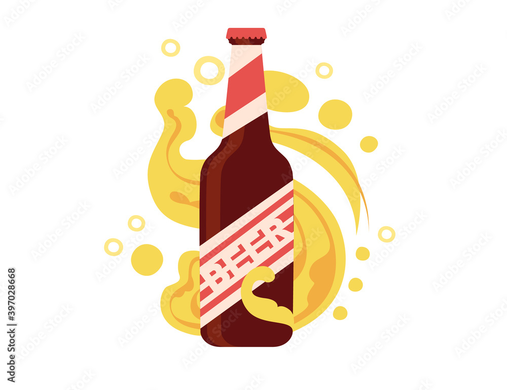 Beer bottle with label and abstract beer flowing around bottle flat vector illustration on white background Beer bottle with label and abstract beer flowing around bottle flat vector illustration on white background