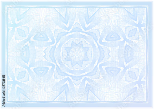 Wavy abstract line background (guilloche watermark pattern) with frame (border) for certificate, bank note, money - currency design. Vector blank horizontal template