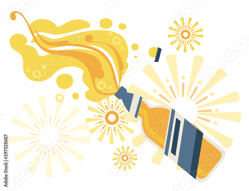 Beer bottle with label and abstract beer flowing around bottle flat vector illustration on white background