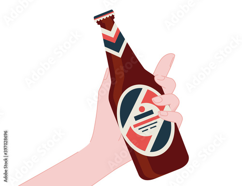 Hand hold beer bottle with label flat vector illustration on white background