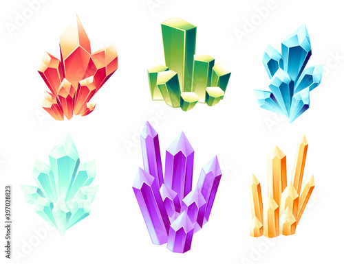 Set of six types different colored shine mineral ore flat vector illustration isolated on white background
