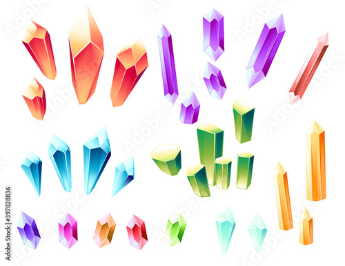 Set of six types different colored shine mineral ore flat vector illustration isolated on white background