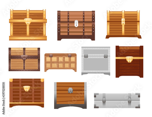 Set of wooden and metal chest for treasure and coins flat vector illustration for games isolated on white background