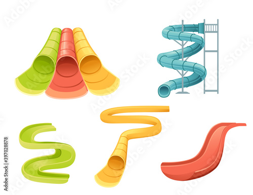 Set of water slides for aqua park flat vector illustration isolated on white background photo