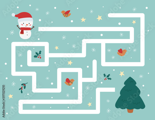 Help snowman find right way to Christmas tree. Educational maze game for children. Cute cartoon character. Winter labyrinth.