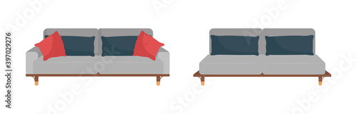 Grey sofa with black and red pillows flat color vector object set. Living room furniture. Trendy couch with cushions isolated cartoon illustration for web graphic design and animation collection