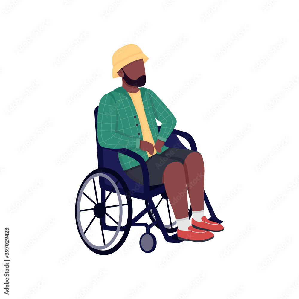 Obraz premium Disabled african man in wheelchair flat color vector faceless character. Patient with injury on rehabilitation. Impaired guy isolated cartoon illustration for web graphic design and animation