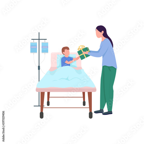 Sick child and volunteer woman giving gift flat color vector faceless character. Donation for patient. Holiday hospital charity isolated cartoon illustration for web graphic design and animation