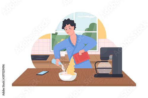 Preparing breakfast 2D vector web banner, poster. Man pouring milk in cereal. Guy in robes flat character on cartoon background. Morning routine printable patch, colorful web element