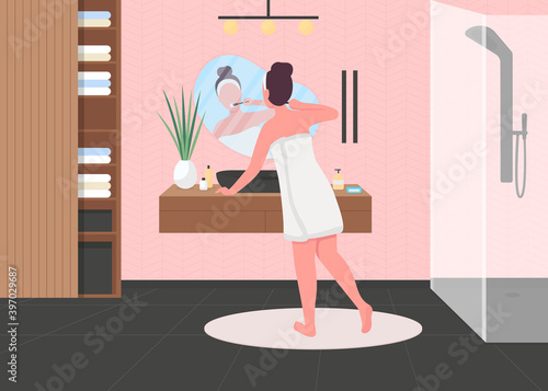 Morning routine flat color vector illustration. Girl brush teeth after shower. Luxury bathroom. Everyday personal care. Woman in towel 2D cartoon characters with lavatory interior on background