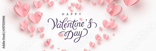 Valentine's Day greeting card with pink paper flying hearts on white background. Vector symbols of love postcard or romantic banner