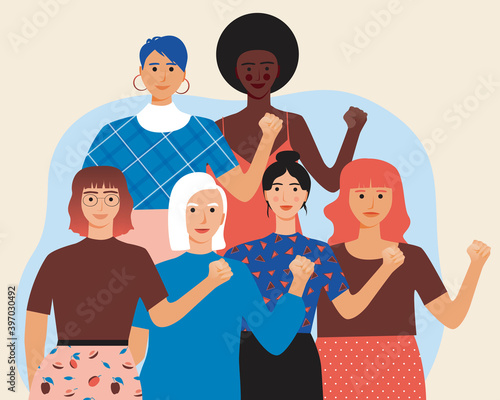 Women with fist isolated, flat vector stock illustration as concept of equality, feminism with multicultural feminists, different ethnicity