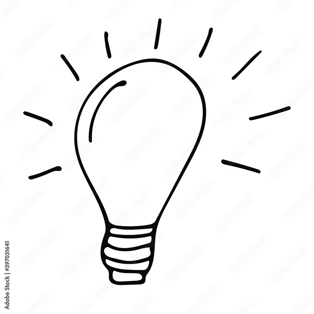 Cute single hand-drawn business and financial element. Vector Doodle illustration of a light bulb isolated on a white background. Cute single hand-drawn business and financial element. Vector Doodle illustration of a light bulb isolated on a white background.