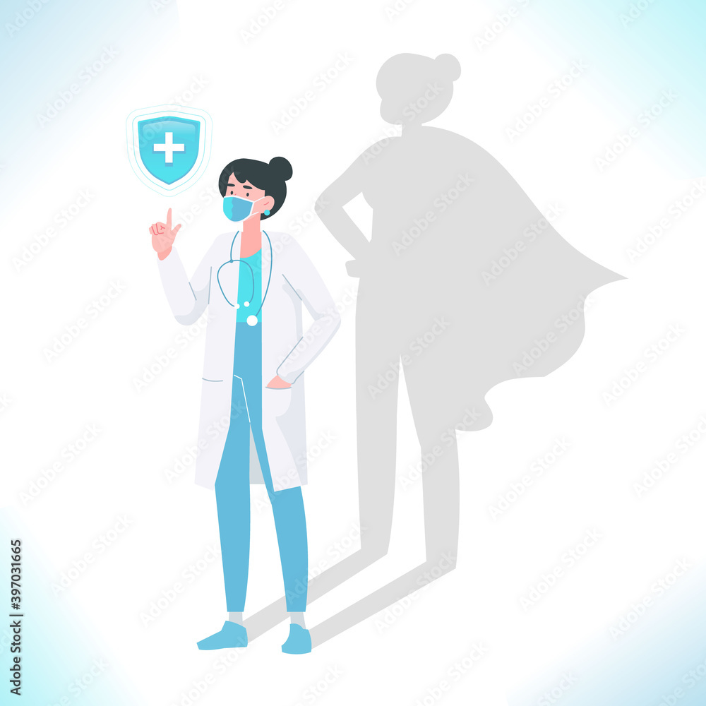 Confident young doctor standing bravely, superhero shadow on the wall. Super hero medical staff or hospital worker. Life saving doctor fighting against pandemic, vector illustration Confident young doctor standing bravely, superhero shadow on the wall. Super hero medical staff or hospital worker. Life saving doctor fighting against pandemic, vector illustration