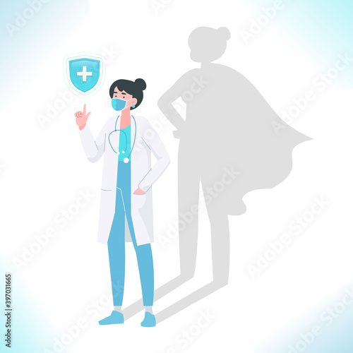 Confident young doctor standing bravely, superhero shadow on the wall. Super hero medical staff or hospital worker. Life saving doctor fighting against pandemic, vector illustration