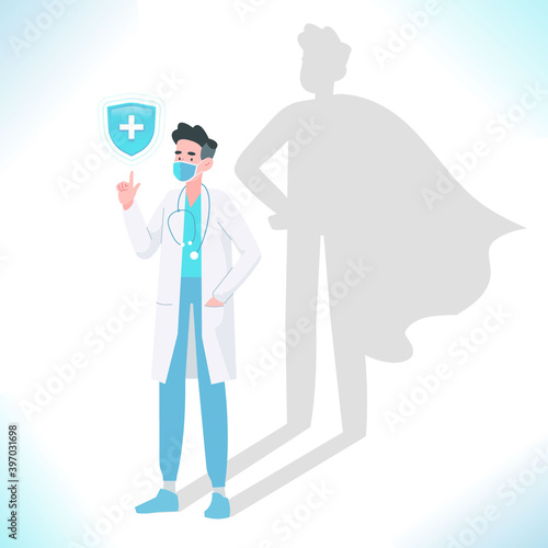 Confident young doctor standing bravely, superhero shadow on the wall. Super hero medical staff or hospital worker. Life saving doctor fighting against pandemic, vector illustration