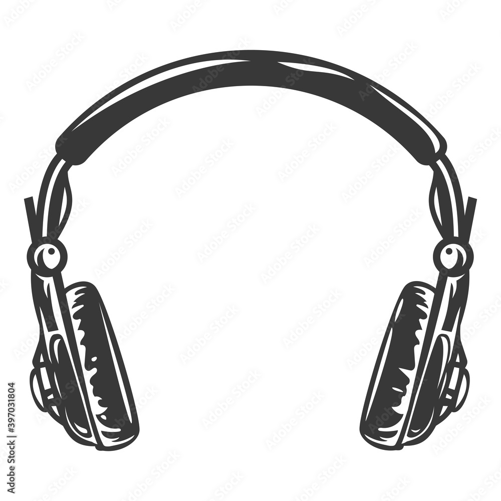 Monochrome headphones. Vintage art design concept isolated on white