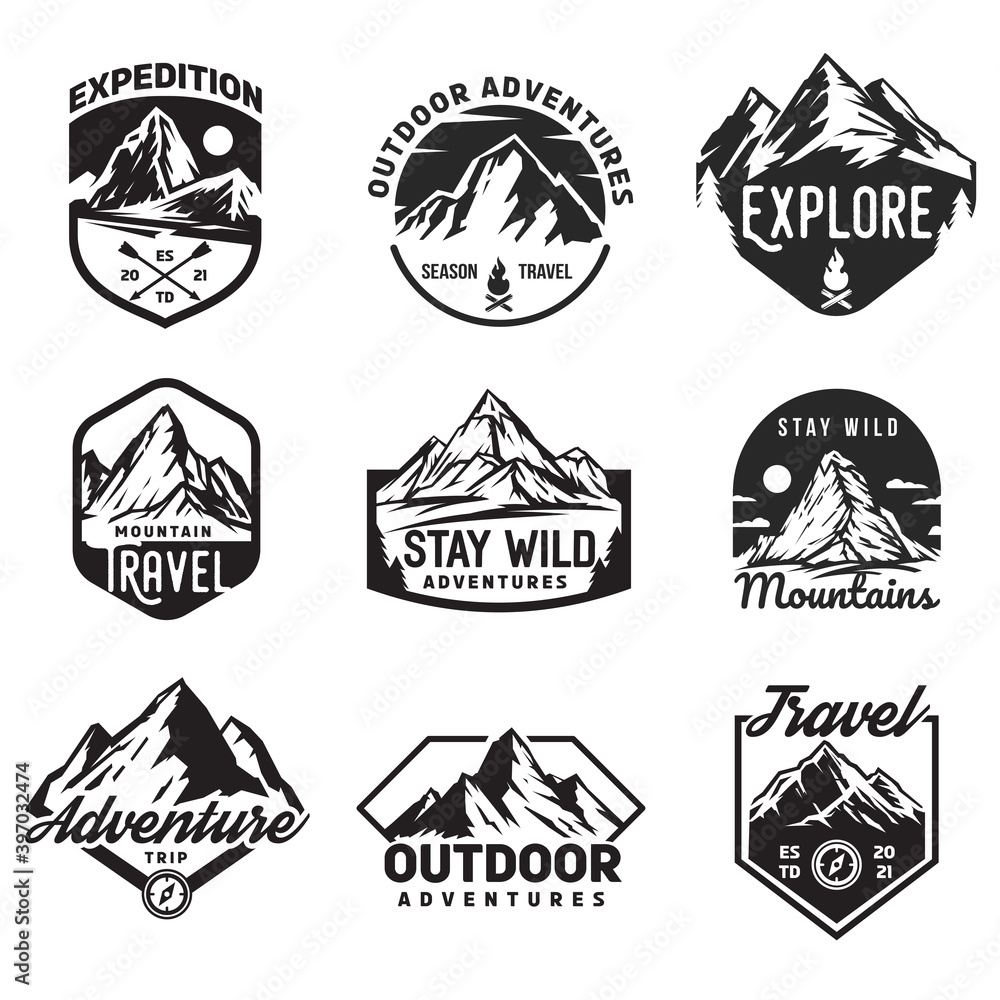 Set templates of outdoor travel, adventures with mountain different forms for badge, logo, patches or emblems in retro vintage style. Collection design concepts for tourism. Vector illustration.