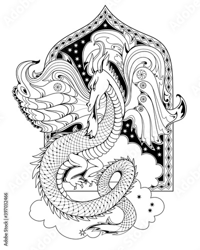 Black and white page coloring book. Fantasy illustration of fairyland medieval dragon. Print for fabric and tattoo. Worksheet for drawing and meditation for children and adults.