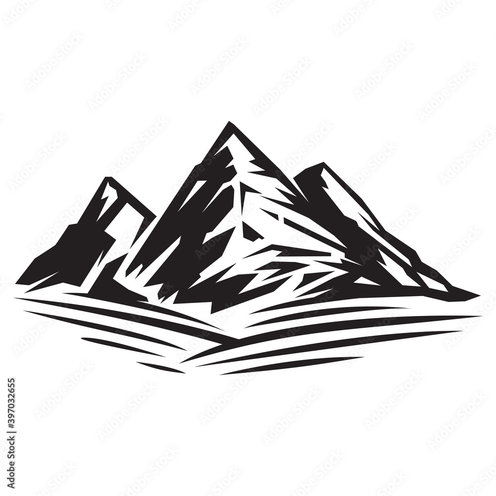 Fototapeta premium Silhouette mountains and landscape in grayscale sketch hand drawn style isolated on white background. Design element for print, cover, banner. Vector illustration.