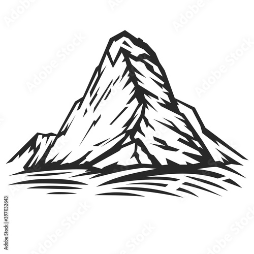 Silhouette mountains and landscape in grayscale sketch hand drawn style isolated on white background. Design element for print  cover  banner. Vector illustration.