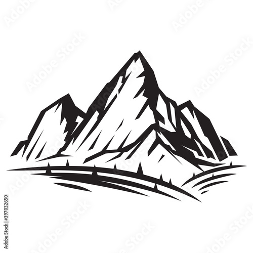 Silhouette mountains and landscape in grayscale sketch hand drawn style isolated on white background. Design element for print  cover  banner. Vector illustration.