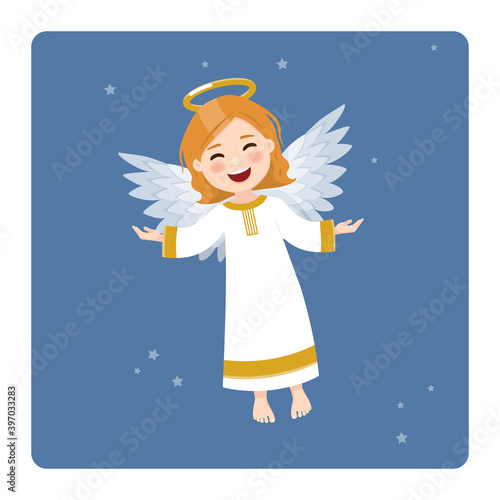 Flying angel on blue sky and stars background. Vector illustration