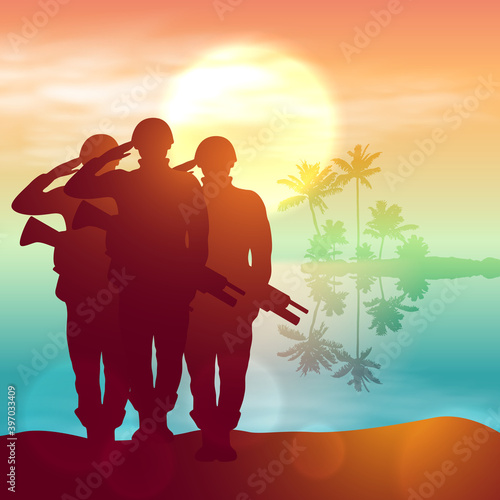 Silhouette of a soliders saluting against the sunrise. Concept - protection, patriotism, honor.