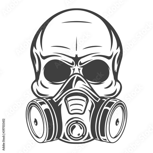Human skull with gas mask. Monochrome vintage art design concept isolated on white background. Hand drawn modern vector illustration for print, tattoo.