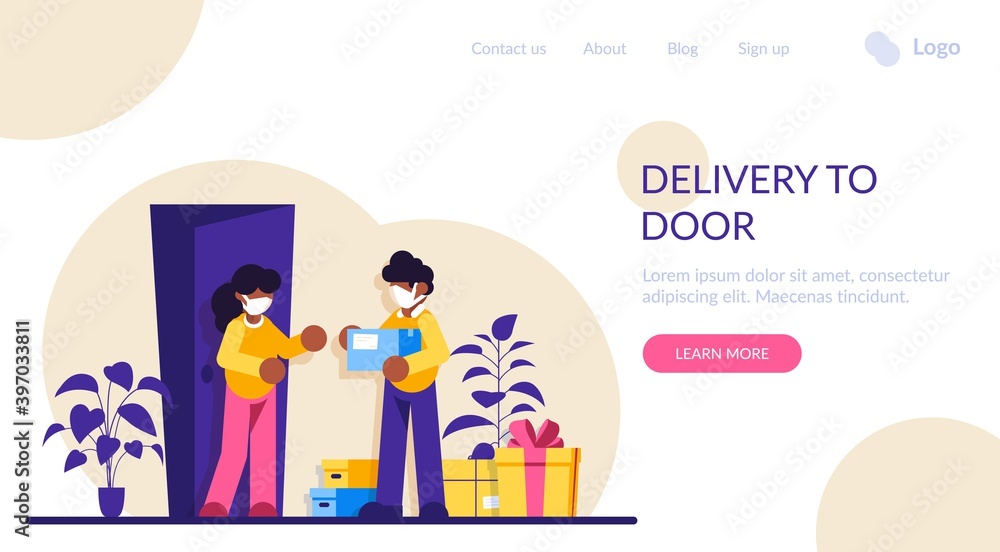 Courier hands over the parcel to the client. Express delivery of packages, goods to the home. Parcels delivery service. Vector illustration, flat design cartoon style. Online delivery Courier hands over the parcel to the client. Express delivery of packages, goods to the home. Parcels delivery service. Vector illustration, flat design cartoon style. Online delivery