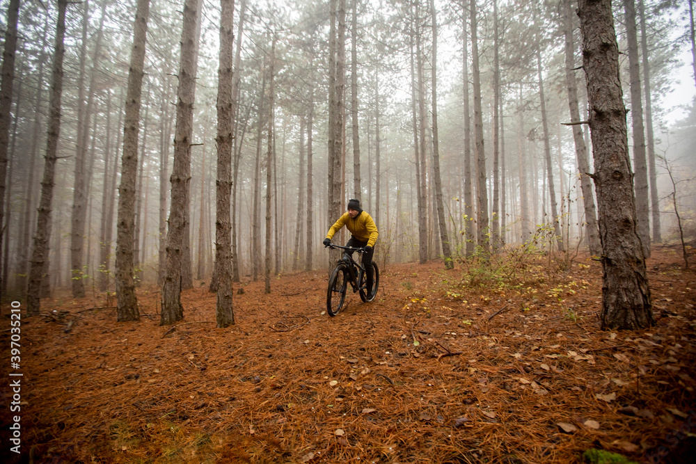 Young man biking through autumn forest Young man biking through autumn forest