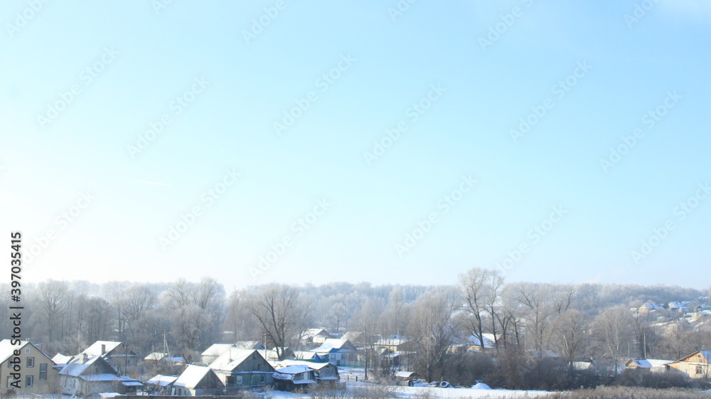 Village near the Volga on a winter day.