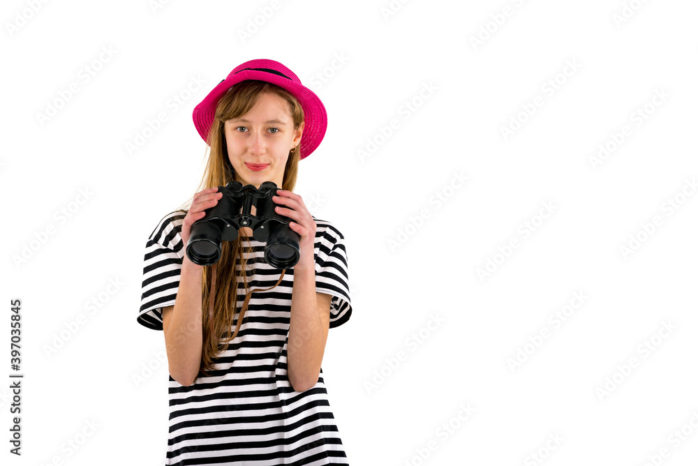 teenage girl looking to globe with binoculars isolated on white background. teenage girl looking to globe with binoculars isolated on white background.