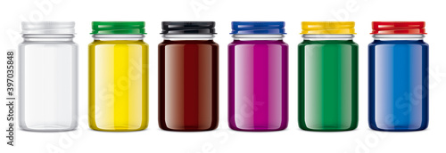 Medical Bottles set with colored liquid. Metal colored caps. 