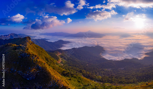 Sunrise and misty at Doi Phatang viewpoint, Chiangrai province, Thailand.