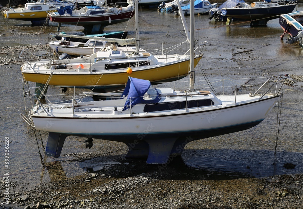 Yachts moored at the boat harbour or marina at Aberaeron, Ceredigion, Wales, UK. 