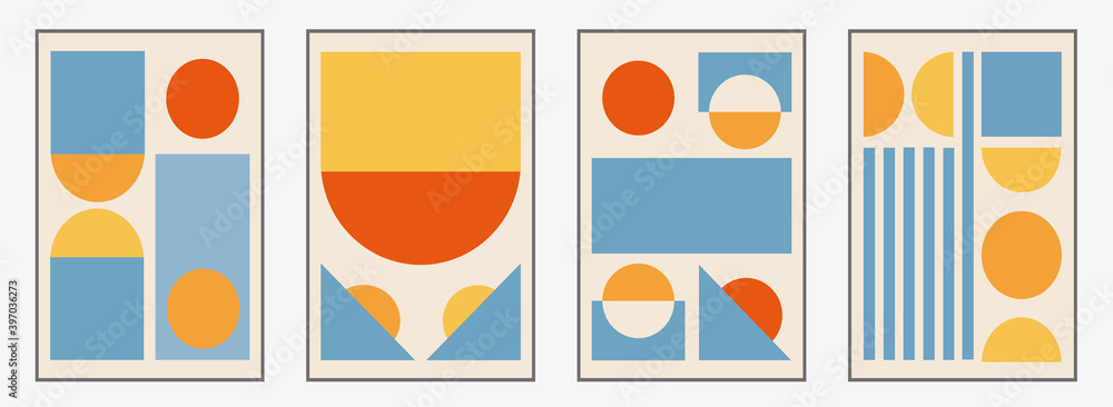 Set of minimal 20s geometric design posters, vector template with primitive shapes elements, modern hipster  style. Bauhaus art. For wall decoration. Vintage cover design. Interior decor. Canvas art.
