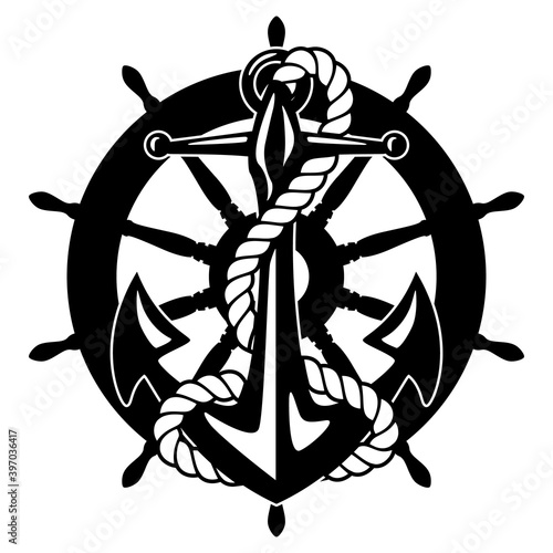 Old Sailing Ship Wheel With Anchor Isolated Vector Illustration