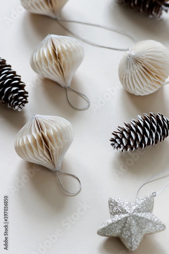 Christmas background . New Year decorations on beige background. Top view. po...