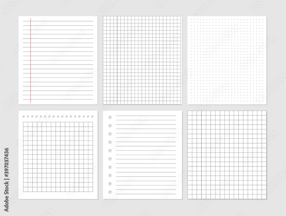 Notebook paper sheet document. Graphical blank paper sheet set for data representation. Notebook paper sheet document. Graphical blank paper sheet set for data representation.