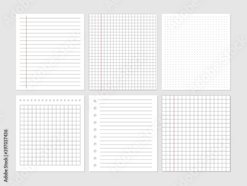 Notebook paper sheet document. Graphical blank paper sheet set for data representation.