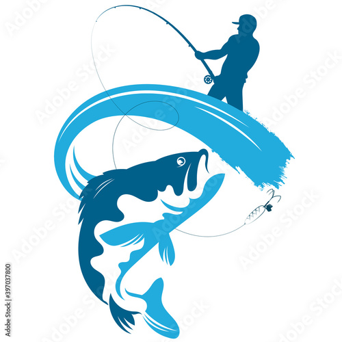 Fisherman with a fishing rod on the wave and fish jumping for bait