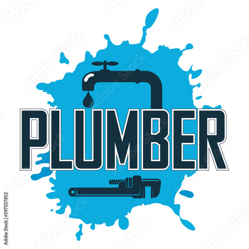 Plumber repair and service symbol. Water drop faucet and wrench