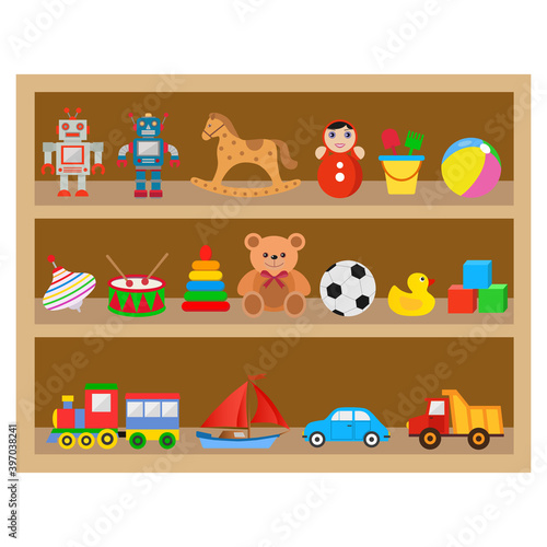 illustration of a shelf with children's toys on a white background