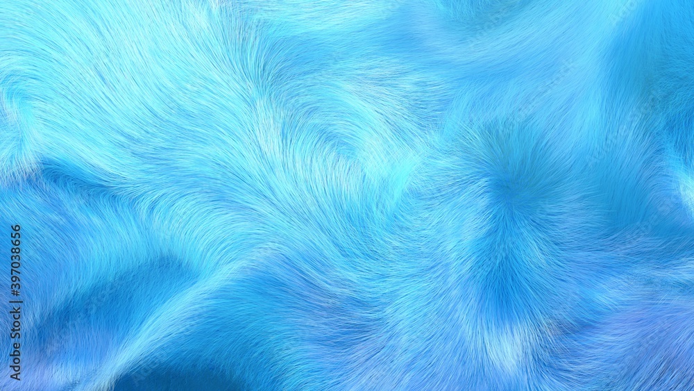 Blue fur background, closeup of waving plush fur texture, 3D illustration. Blue fur background, closeup of waving plush fur texture, 3D illustration.