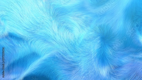 Blue fur background, closeup of waving  plush fur texture, 3D illustration.