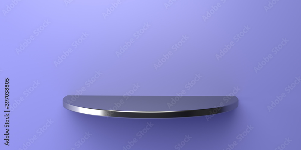 An empty metal shelf hangs on the wall. Minimal concept. 3D-visualization An empty metal shelf hangs on the wall. Minimal concept. 3D-visualization