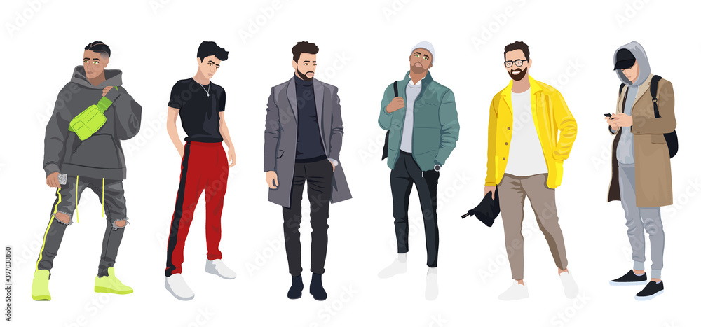 Set of men dressed in stylish trendy clothes, trendy guys, models in ...